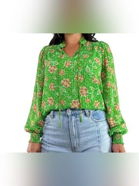 Joie Green Floral Lined Tie Front Blouse. Size M